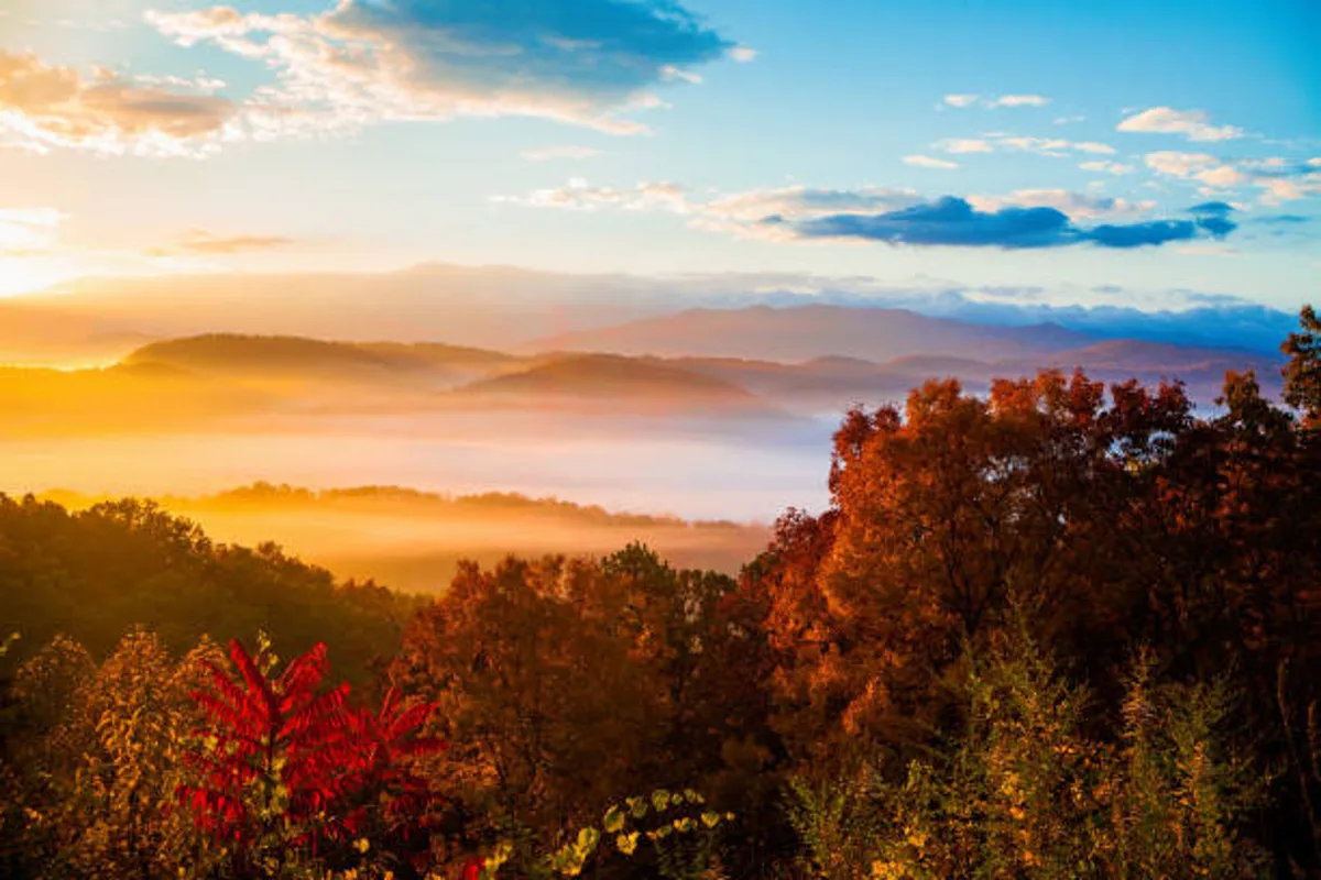 A sweeping view of mountain ranges with vibrant fall foliage, foggy valleys, and a colorful sunset sky. The scene captures the grandeur and tranquility of the Smoky Mountains, inviting exploration and shared discovery.