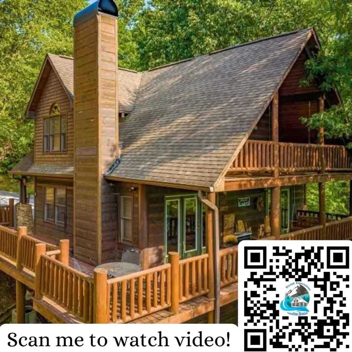 A charming log cabin with a stone front stands amidst lush Smoky Mountain trees. The inviting balcony overlooks sunset views, while a sturdy chimney hints at cozy evenings by the fireplace. The setting radiates warmth and privacy, perfect for family gatherings or quiet nature escapes.